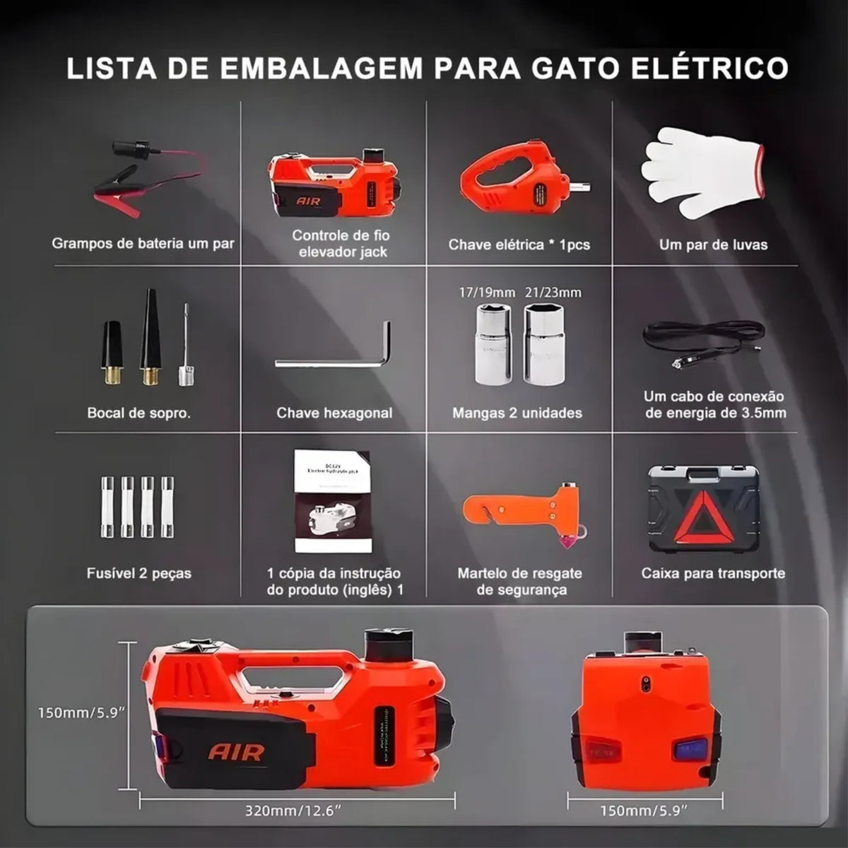 Kit Macaco Elétrico 4 em 1 — Compressor de Ar, Chave de Impacto 480 N.m, Lanterna LED e Macaco Hidráulico 5 Toneladas 12V - Dumas Shop
