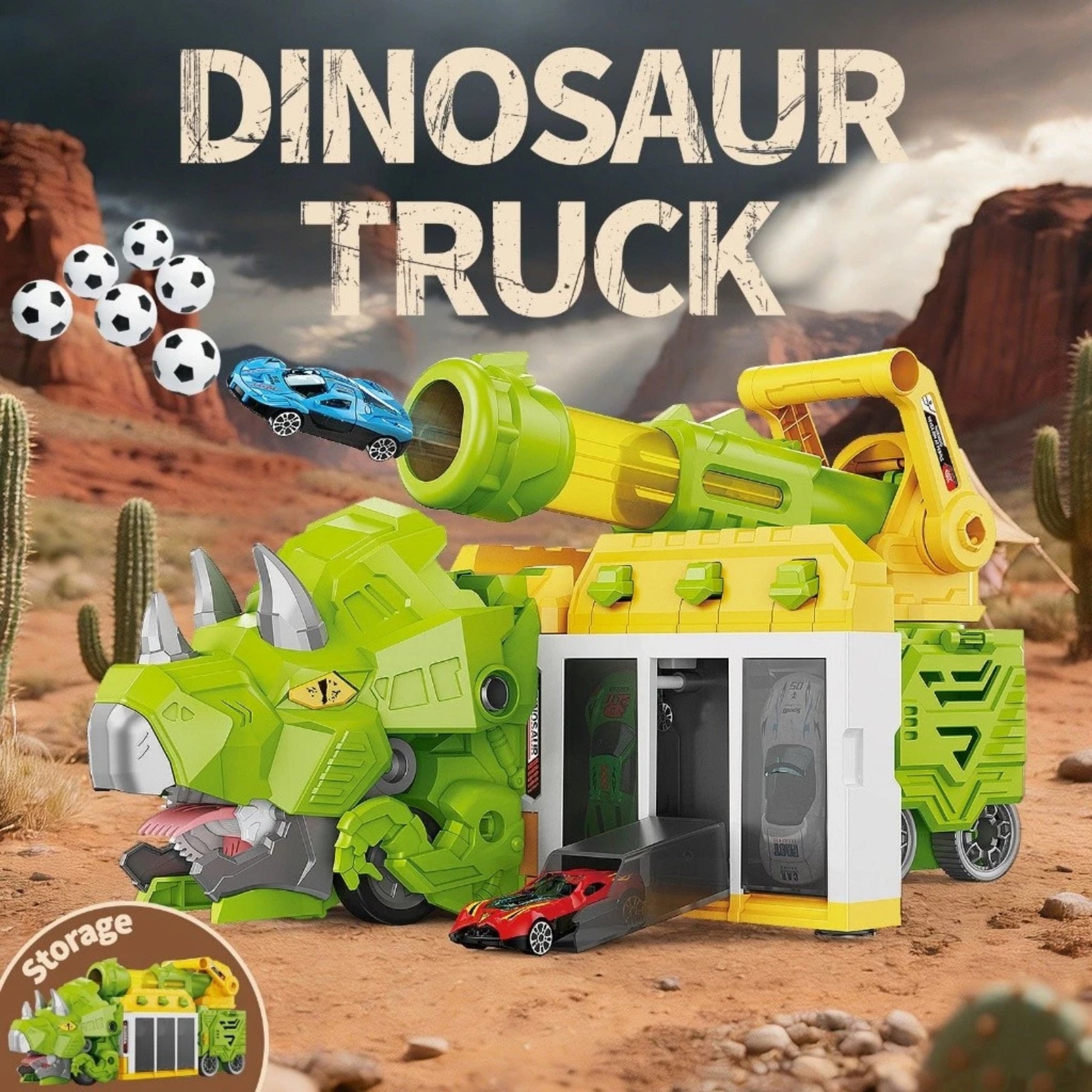 Caminhão Dinossauro Lançador + 6 Carrinhos e 6 Bolinhas