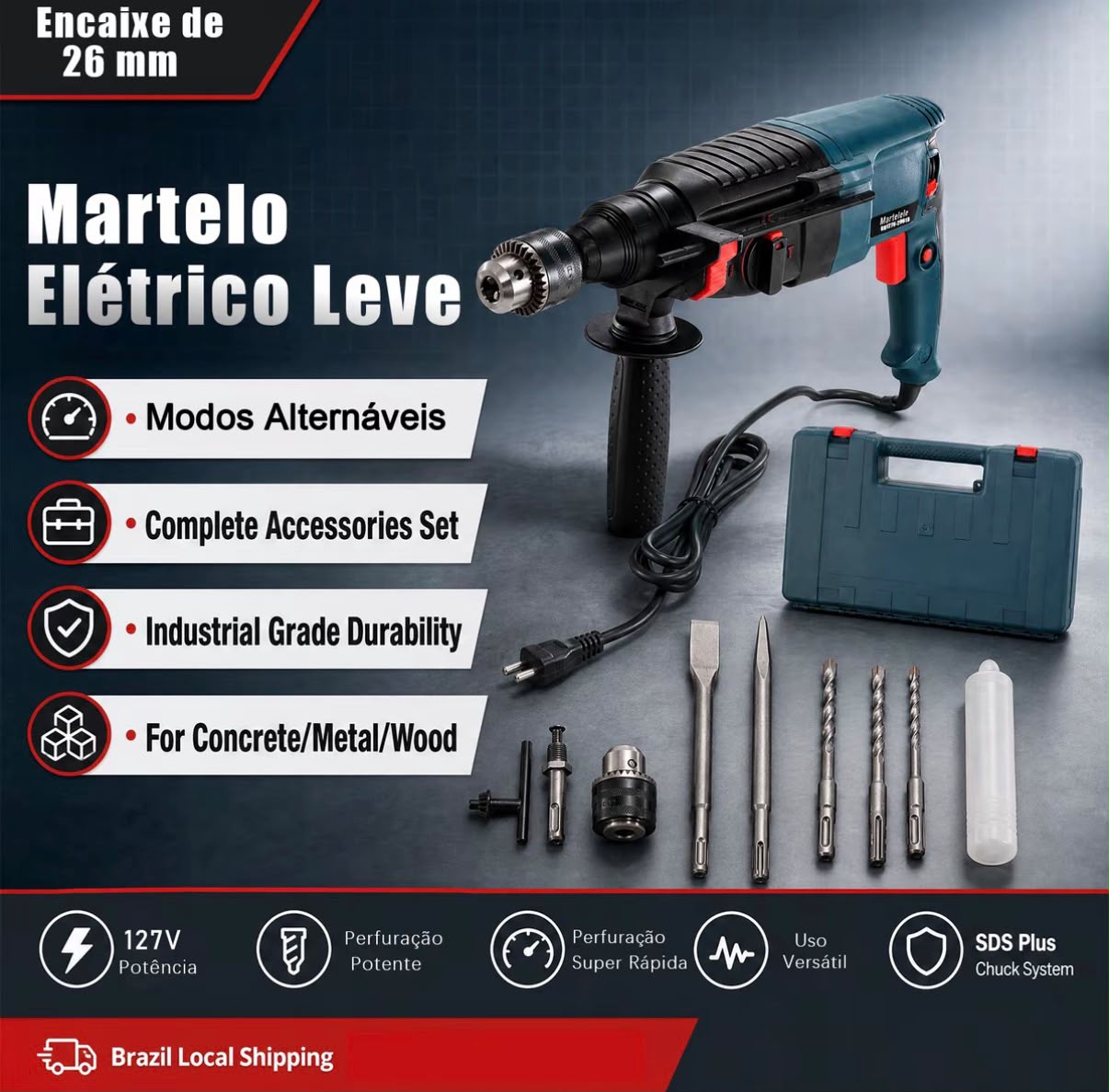 Martelete Perfurador Rompedor Brushless SDS Plus BIVOLT Brushless com Maleta