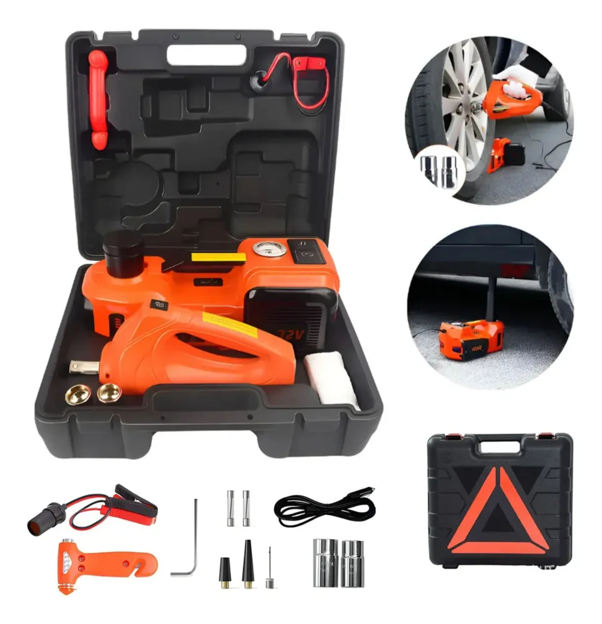 Kit Macaco Elétrico 4 em 1 — Compressor de Ar, Chave de Impacto 480 N.m, Lanterna LED e Macaco Hidráulico 5 Toneladas 12V - Dumas Shop