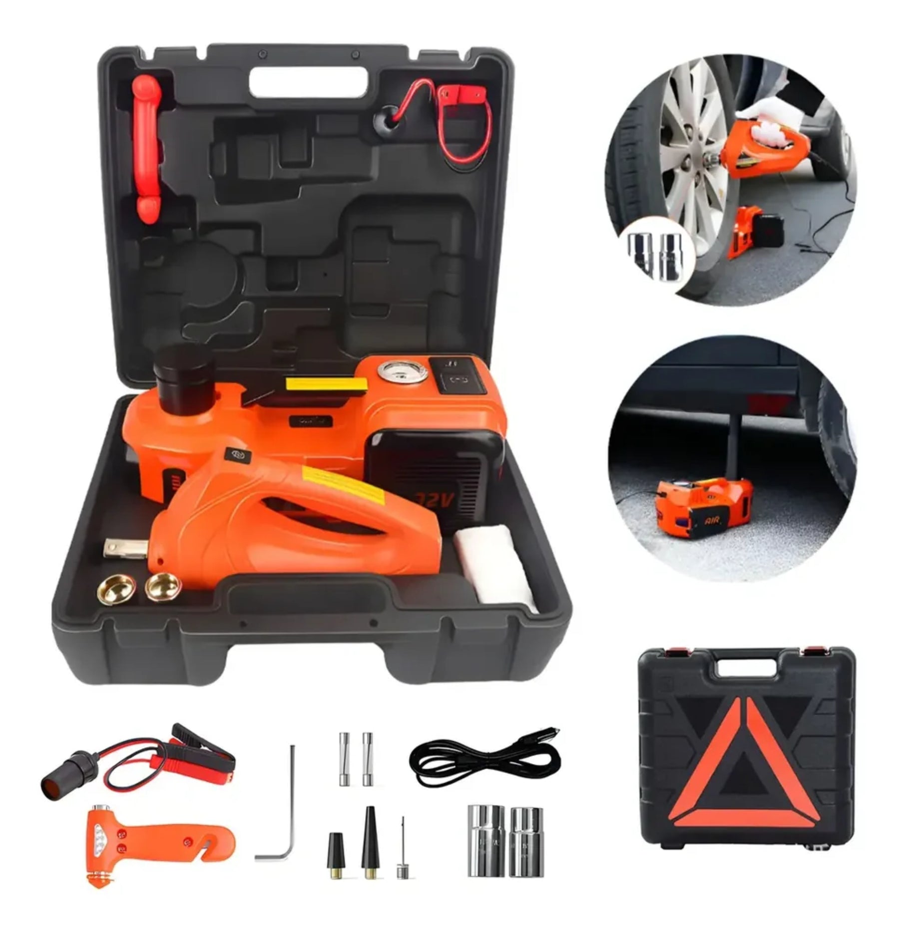 Kit Macaco Elétrico 4 em 1 — Compressor de Ar, Chave de Impacto 480 N.m, Lanterna LED e Macaco Hidráulico 5 Toneladas 12V