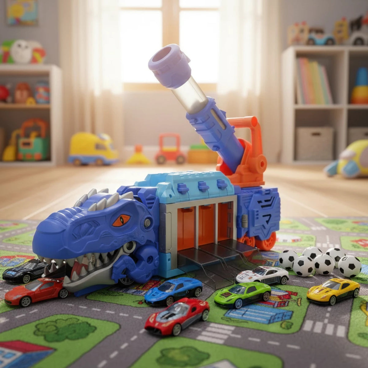 Caminhão Dinossauro Lançador + 6 Carrinhos e 6 Bolinhas - Dumas Shop