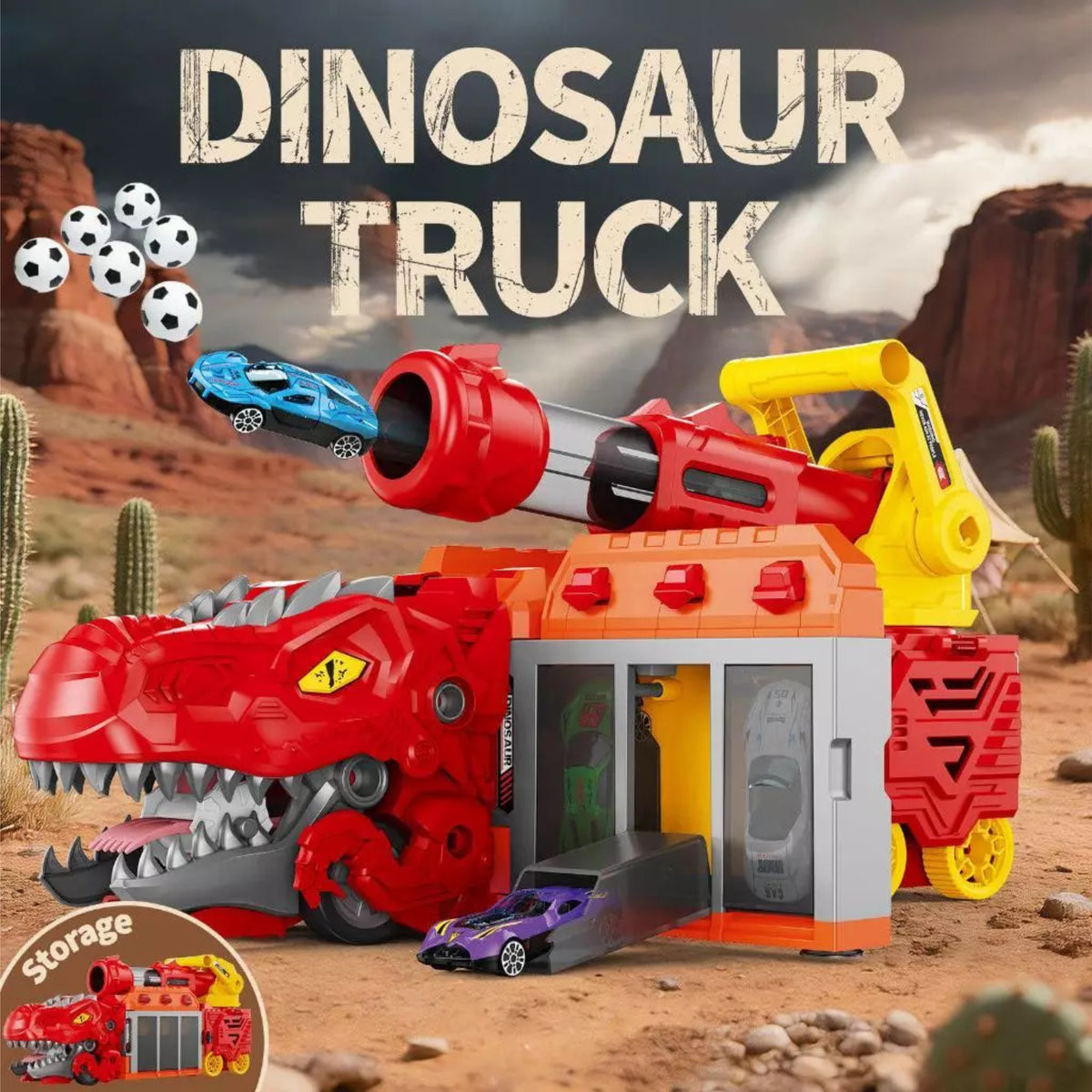Caminhão Dinossauro Lançador + 6 Carrinhos e 6 Bolinhas - Dumas Shop