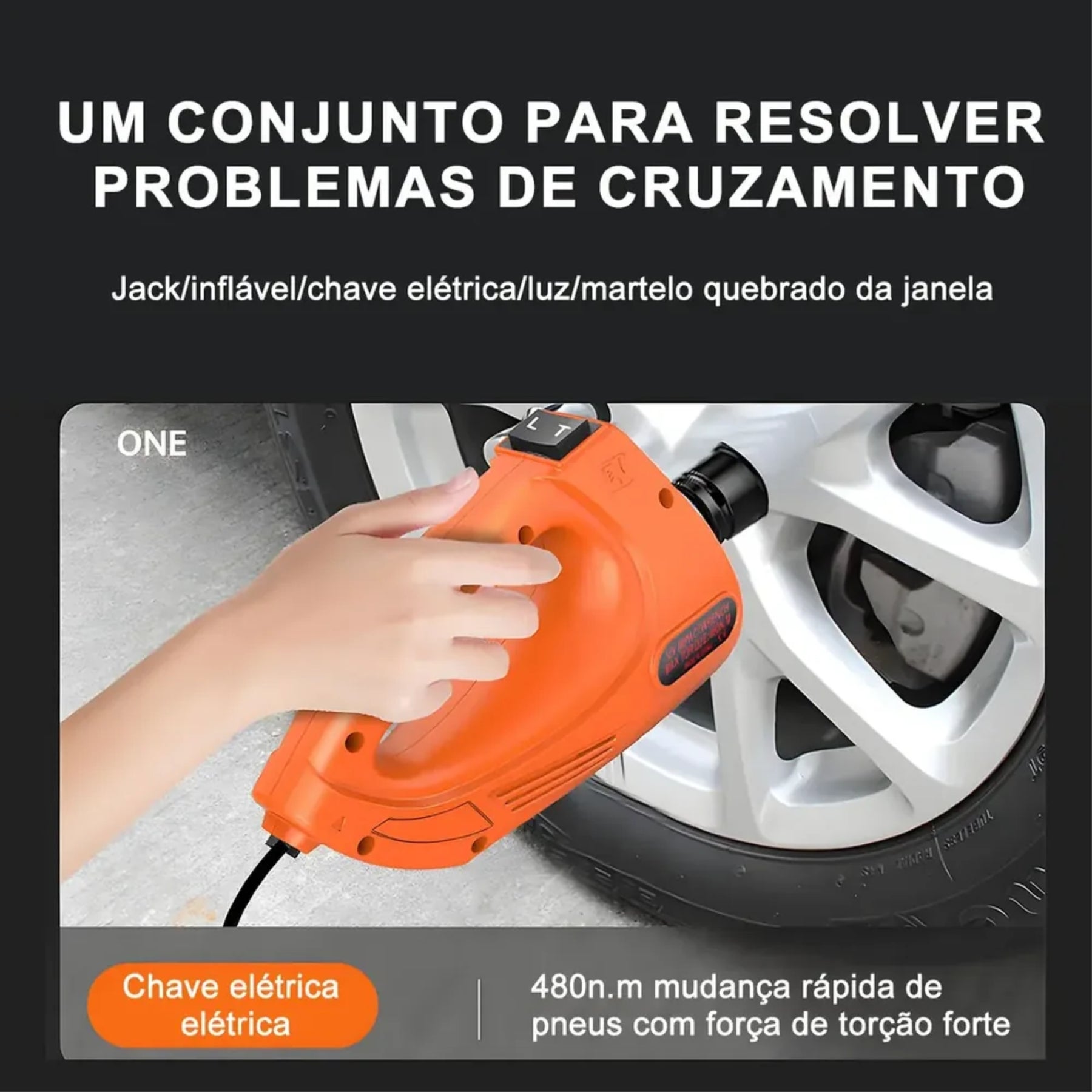 Kit Macaco Elétrico 4 em 1 — Compressor de Ar, Chave de Impacto 480 N.m, Lanterna LED e Macaco Hidráulico 5 Toneladas 12V
