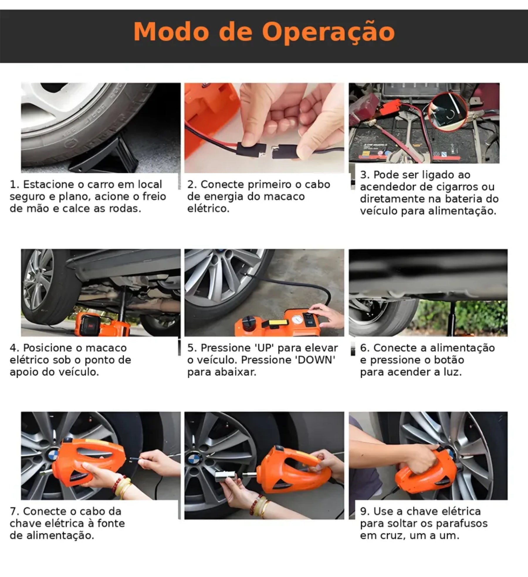 Kit Macaco Elétrico 4 em 1 — Compressor de Ar, Chave de Impacto 480 N.m, Lanterna LED e Macaco Hidráulico 5 Toneladas 12V