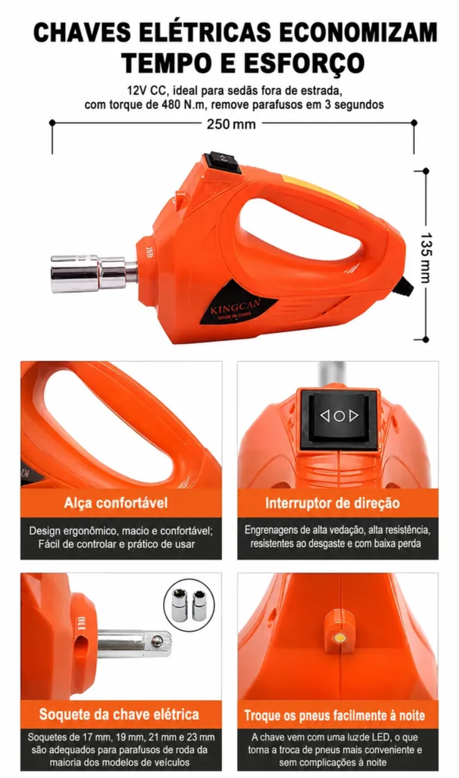 Kit Macaco Elétrico 4 em 1 — Compressor de Ar, Chave de Impacto 480 N.m, Lanterna LED e Macaco Hidráulico 5 Toneladas 12V