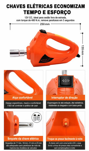 Kit Macaco Elétrico 4 em 1 — Compressor de Ar, Chave de Impacto 480 N.m, Lanterna LED e Macaco Hidráulico 5 Toneladas 12V