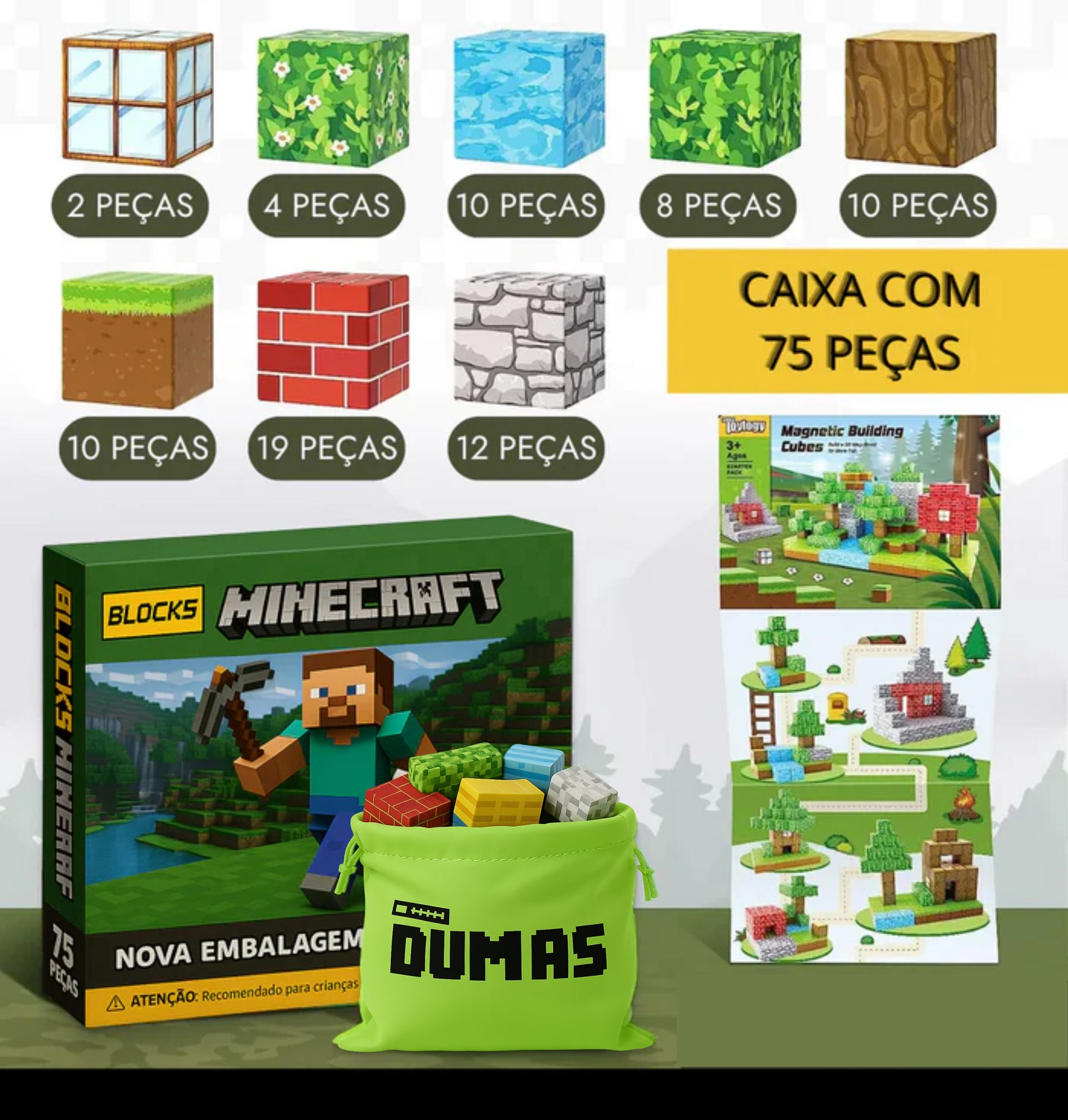 Blocos de Construção Magnética - 48/64/75 peças [+5 Bonecos GRÁTIS] - Dumas Shop