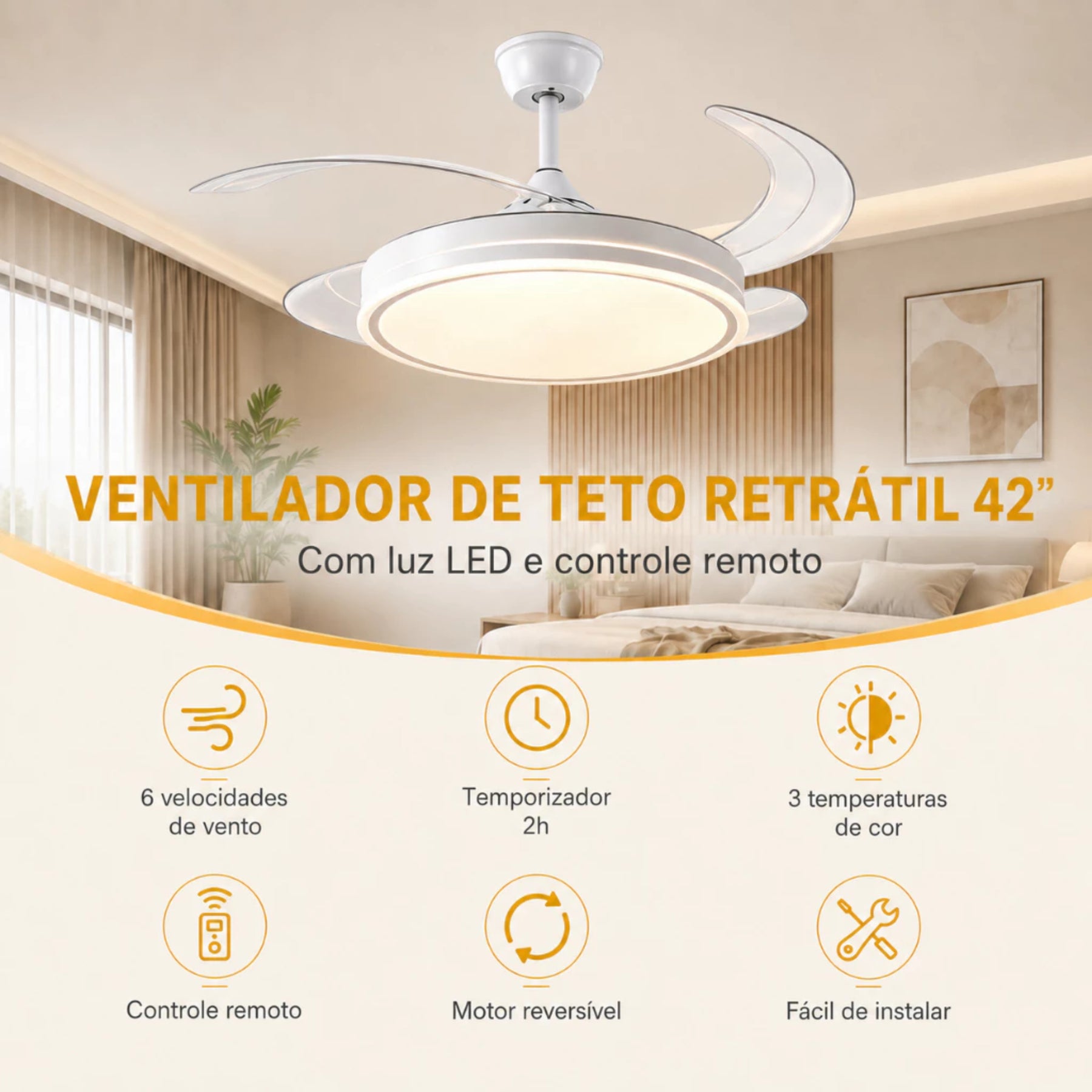 Ventilador de Teto Retrátil 42” com LED e Controle Remoto AirLux