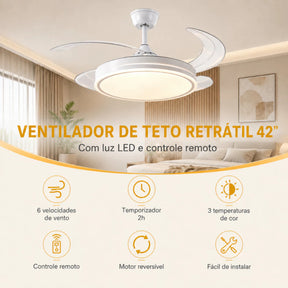 Ventilador de Teto Retrátil 42” com LED e Controle Remoto AirLux