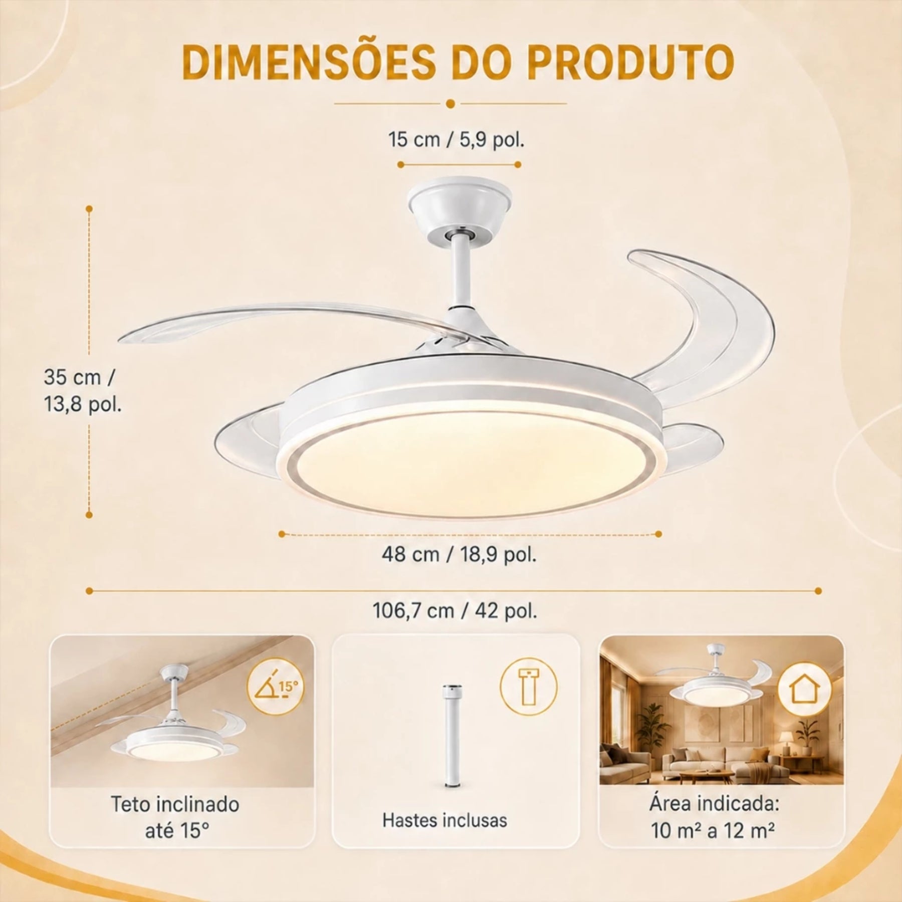 Ventilador de Teto Retrátil 42” com LED e Controle Remoto AirLux